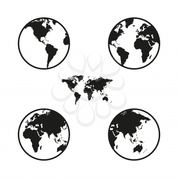 World map on globe from different sides, simple black icons isolated on white