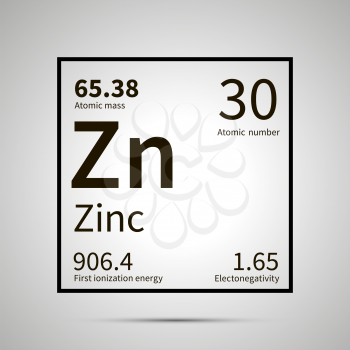 Zinc chemical element with first ionization energy, atomic mass and electronegativity values ,simple black icon with shadow on gray