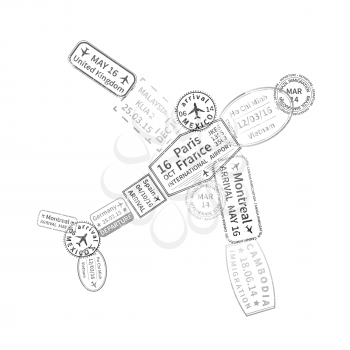 A lot of black immigration stamps arranged in airplane shape isolated on white