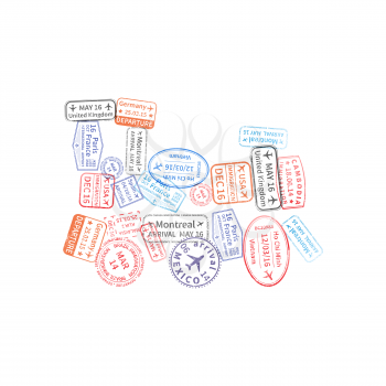 A lot of bright colorful immigration stamps arranged in train shape isolated on white