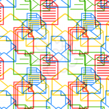 A lot of colorful icons of documents and envelopes on white, seamless pattern