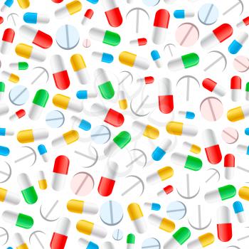 A lot of different colourful pills on white, seamless pattern