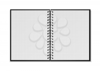 Black open realistic spiral notepad mockup with square grid sheets isolated on white