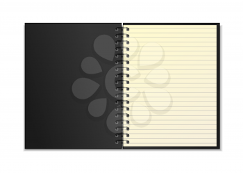 Black open realistic spiral notepad mockup with yellow line sheet isolated on white