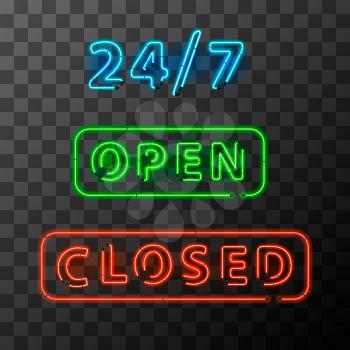 Bright realistic neon open and closed sign on transparent background