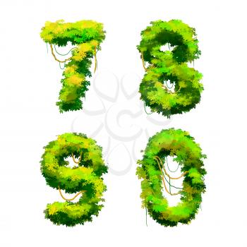 Cute cartoon tropical vines and bushes font isolated on white, 7 8 9 0 glyphs