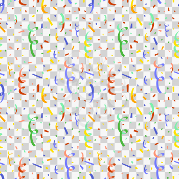 Exploding party popper with colorful serpentine and confetti, flat seamless pattern on transparent background