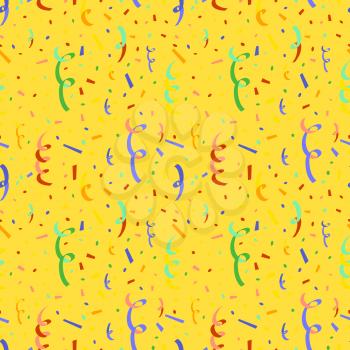 Exploding party popper with colorful serpentine and confetti, flat seamless pattern on yellow background