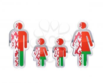 Glossy metal badge icon in man, woman and childrens shapes with Belarus flag, infographic element isolated on white