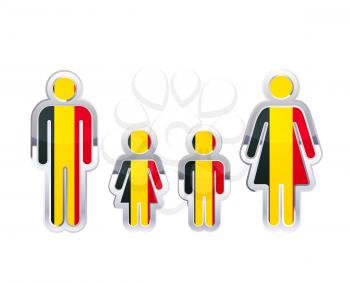 Glossy metal badge icon in man, woman and childrens shapes with Belgium flag, infographic element isolated on white
