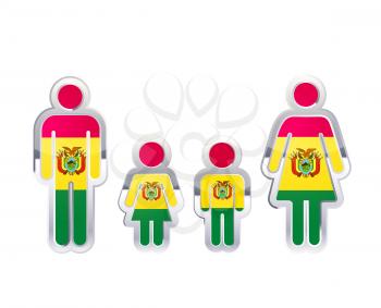 Glossy metal badge icon in man, woman and childrens shapes with Bolivia flag, infographic element isolated on white