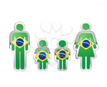 Glossy metal badge icon in man, woman and childrens shapes with Brazil flag, infographic element isolated on white