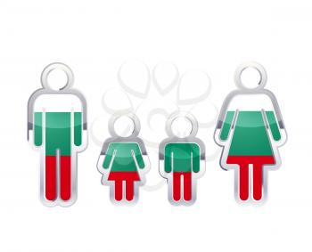 Glossy metal badge icon in man, woman and childrens shapes with Bulgaria flag, infographic element isolated on white
