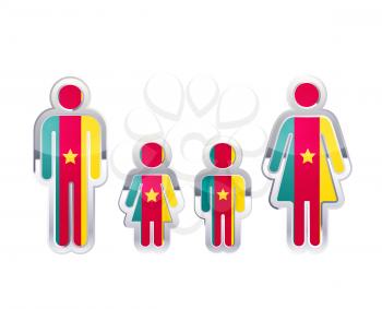 Glossy metal badge icon in man, woman and childrens shapes with Cameroon flag, infographic element on white