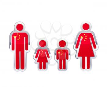 Glossy metal badge icon in man, woman and childrens shapes with China flag, infographic element isolated on white