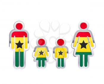 Glossy metal badge icon in man, woman and childrens shapes with Ghana flag, infographic element on white