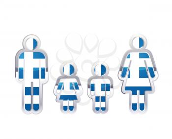 Glossy metal badge icon in man, woman and childrens shapes with Greece flag, infographic element on white