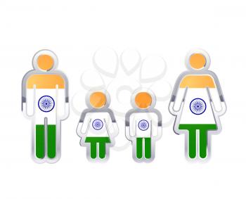 Glossy metal badge icon in man, woman and childrens shapes with India flag, infographic element on white