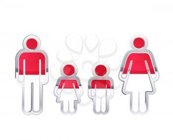 Glossy metal badge icon in man, woman and childrens shapes with Indonesia flag, infographic element on white