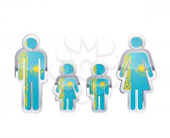 Glossy metal badge icon in man, woman and childrens shapes with Kazakhstan flag, infographic element isolated on white