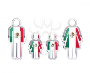 Glossy metal badge icon in man, woman and childrens shapes with Mexico flag, infographic element isolated on white