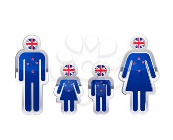 Glossy metal badge icon in man, woman and childrens shapes with New Zealand flag, infographic element isolated on white
