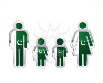 Glossy metal badge icon in man, woman and childrens shapes with Pakistan flag, infographic element isolated on white