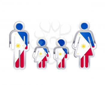 Glossy metal badge icon in man, woman and childrens shapes with Philippines flag, infographic element isolated on white