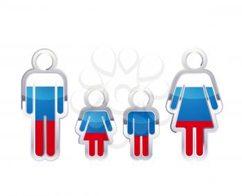 Glossy metal badge icon in man, woman and childrens shapes with Russia flag, infographic element isolated on white