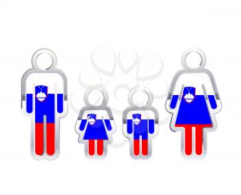 Glossy metal badge icon in man, woman and childrens shapes with Slovenia flag, infographic element isolated on white