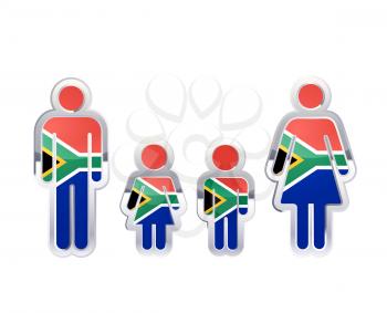 Glossy metal badge icon in man, woman and childrens shapes with South Africa flag, infographic element isolated on white