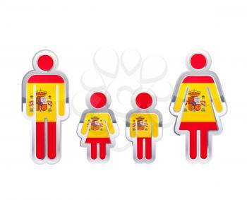 Glossy metal badge icon in man, woman and childrens shapes with Spain flag, infographic element on white