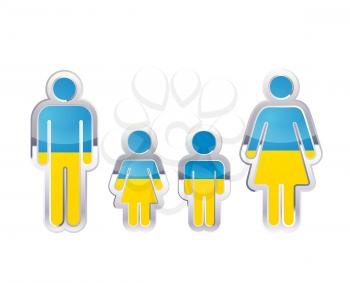 Glossy metal badge icon in man, woman and childrens shapes with Ukraine flag, infographic element isolated on white