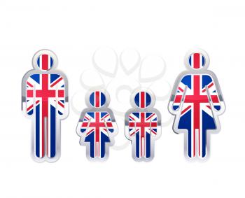 Glossy metal badge icon in man, woman and childrens shapes with United Kingdom flag, infographic element isolated on white