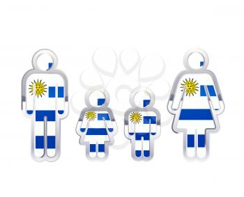 Glossy metal badge icon in man, woman and childrens shapes with Uruguay flag, infographic element isolated on white