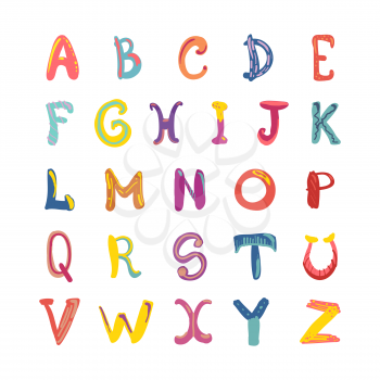Hand-drawn cute funky alphabet. Children font isolated on white.