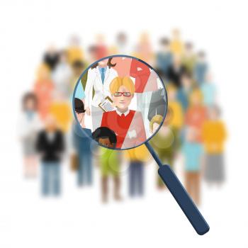 Looking for a person in the crowd with a magnifying glass