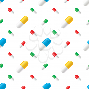 Many colourful pills capsules on white, seamless pattern