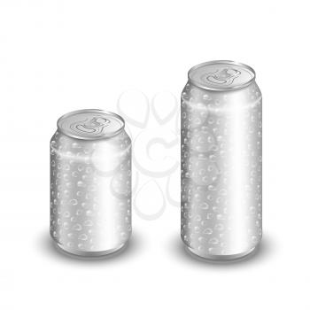 Mock up of aluminum can with water drops. Two cold aluminum cans isolated on white. Blank aluminum can. Aluminum cans for soda and beer.