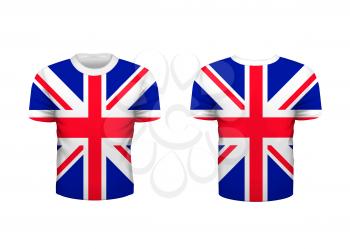 Realistic sport t-shirt with Great Britain flag from front and back on white