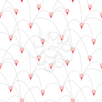 Red map pins with routes isolated on white, seamless pattern