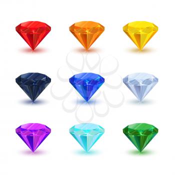 Set of bright shiny gemstone isolated on white. Diamond, sapphire, ruby, emerald, and other.