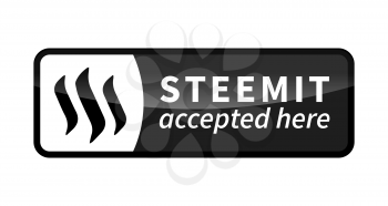 Steemit accepted here, black glossy badge isolated on white