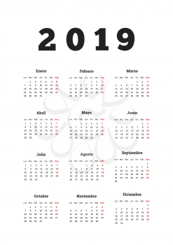 2019 year simple calendar in spanish, a4 vertical sheet on white