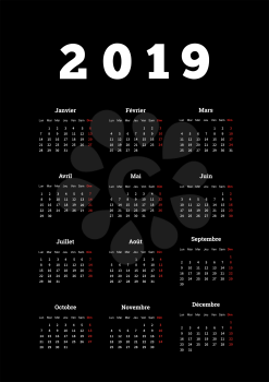 2019 year simple calendar on french language on dark background, a4 vertical sheet