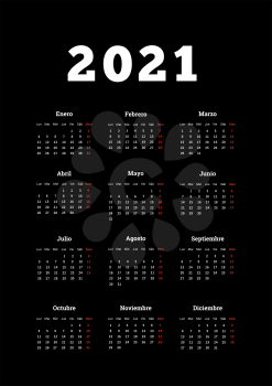 2021 year simple calendar in spanish, A4 size vertical sheet on black