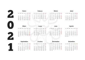 2021 year simple calendar in spanish on white