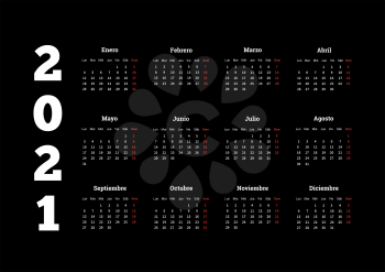 2021 year simple calendar in spanish on black