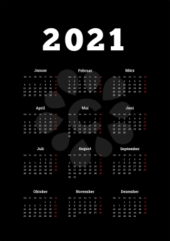 2021 year simple calendar on german language, A4 size vertical sheet on black