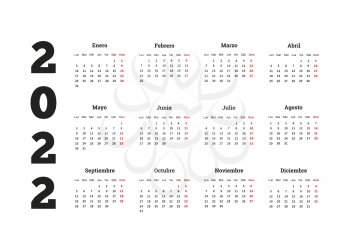 2022 year simple calendar in spanish, on white